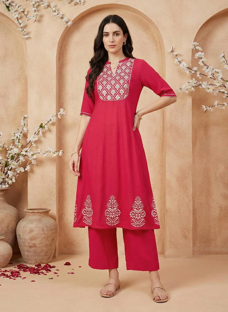 globus Globus Women Red Mandarin Collar Embroidered Yoke Mirror Work Gotta Patti A-Line Flared Hem Kurta with Wide Leg Pants Set